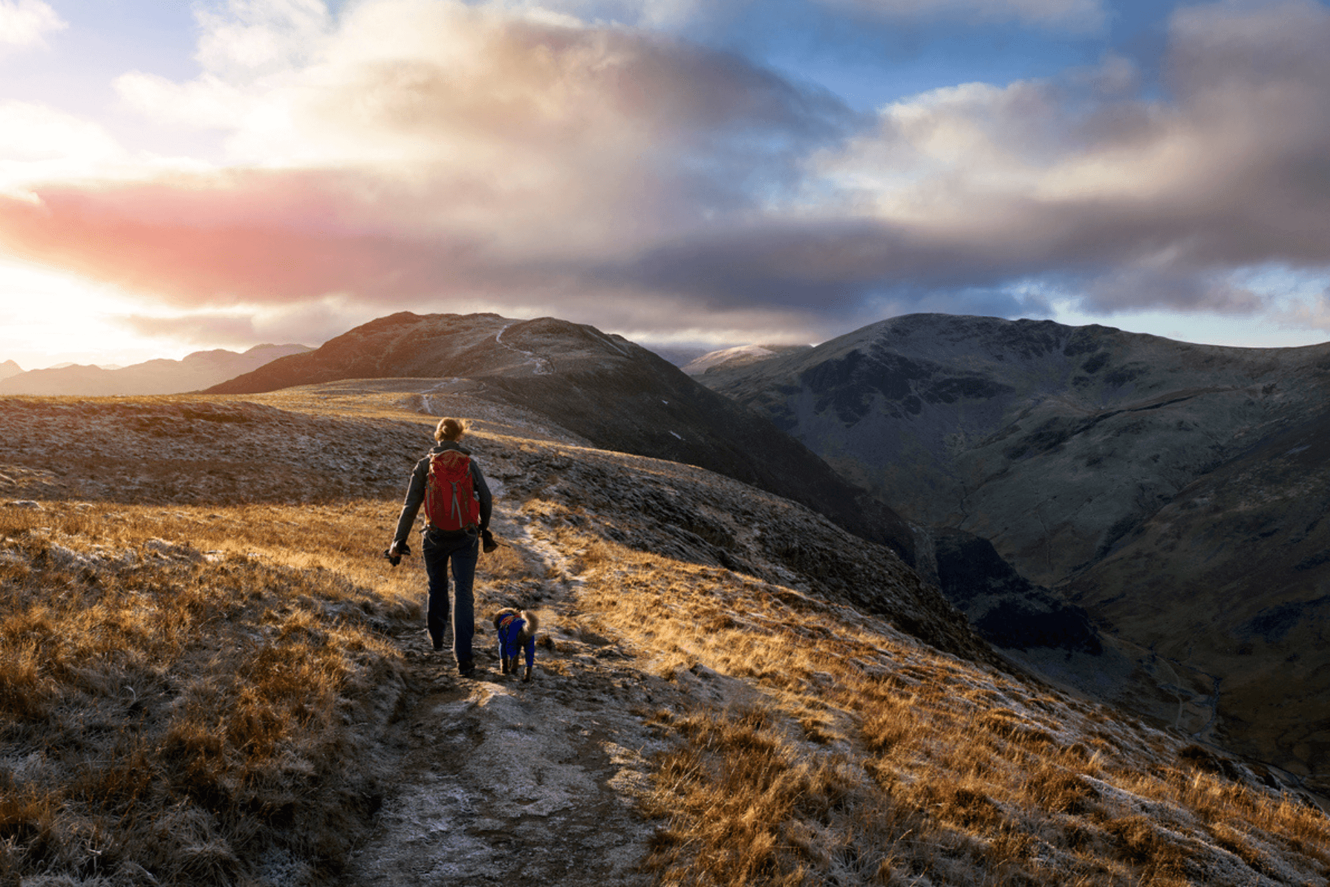 Woman walking dog on mountains path with mountains in the background